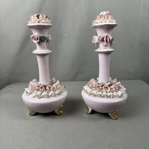 Vintage Japan Pink Porcelain Perfume Bottle Pair Roses Lace Gold Trim Vanity